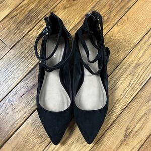 ALDO Black Suede Pointed Toe Ankle Strap Flats Gold Heel Zip Women's 9